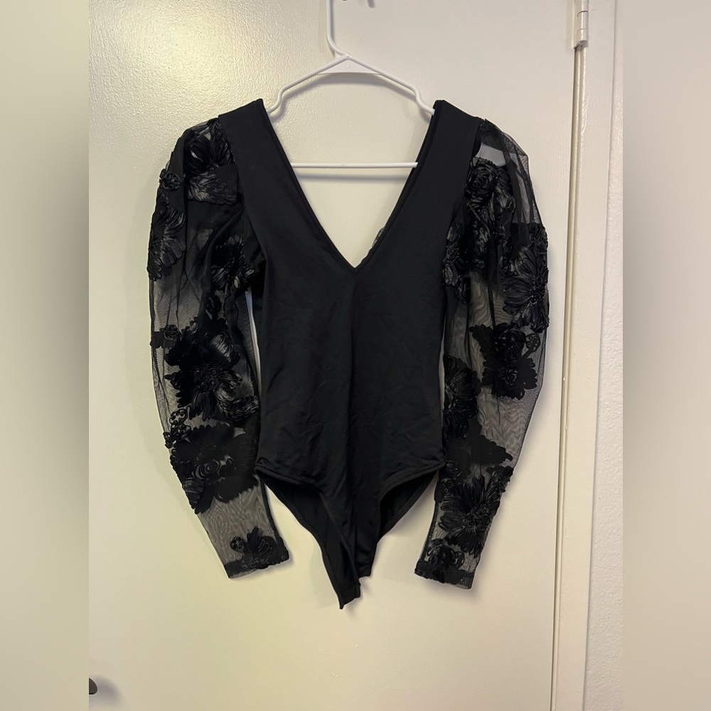 Zara Black Mesh Flower Sleeve Bodysuit